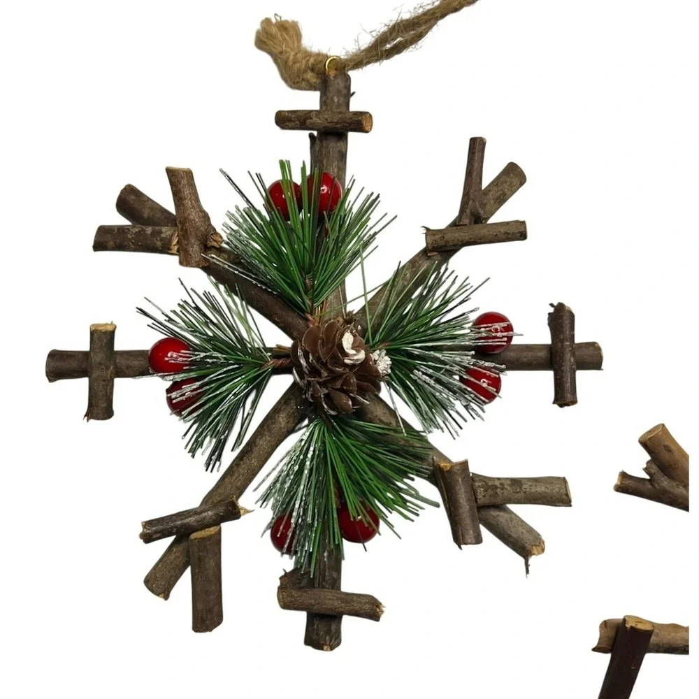 Set of 2 Rustic Twig Snowflake Ornaments Pinecone Berry Christmas Decor 6.5